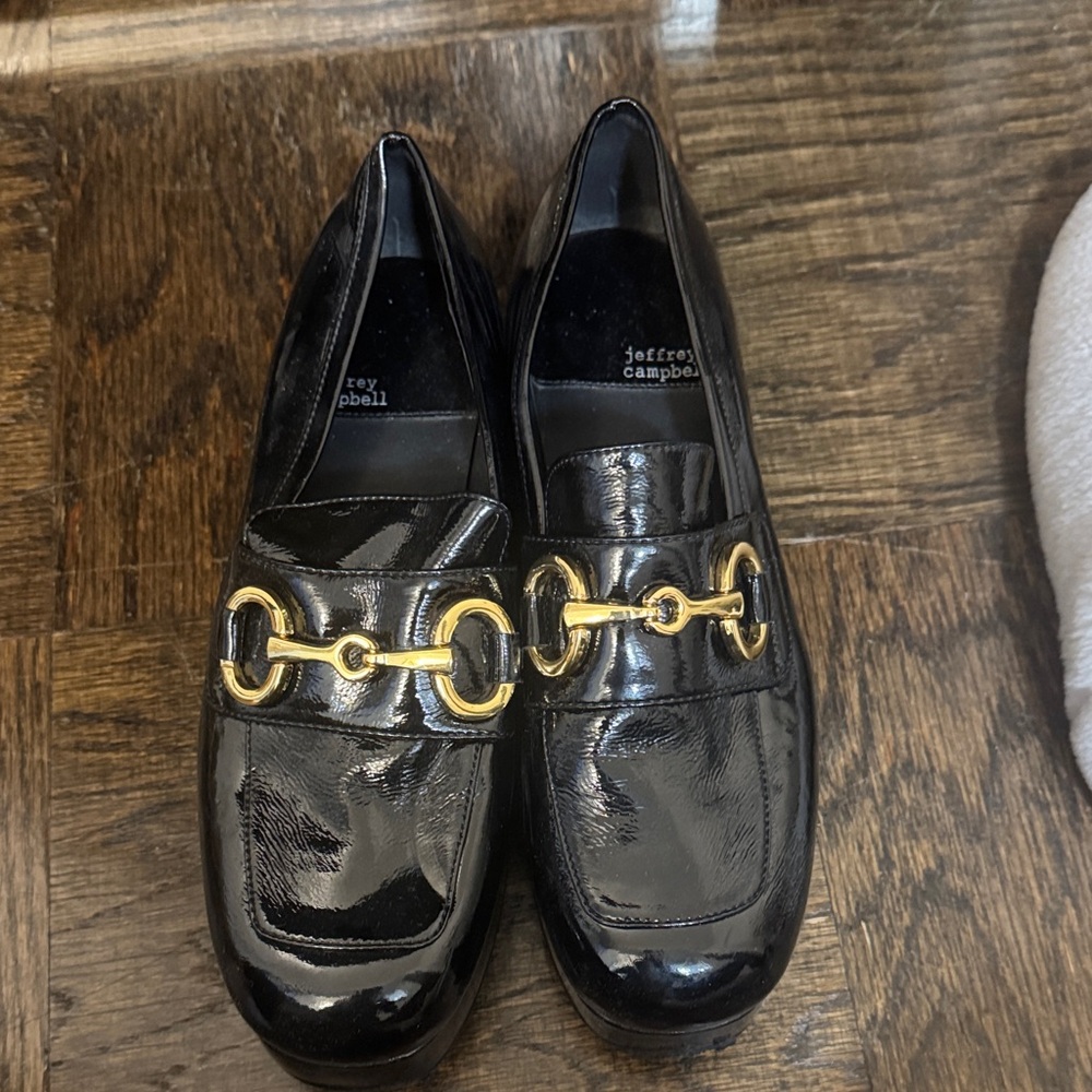 Jeffrey Campbell Shiny Black Loafers with Gold Detail